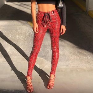 Red Leopard Skinny Pants with Lace-Up Front